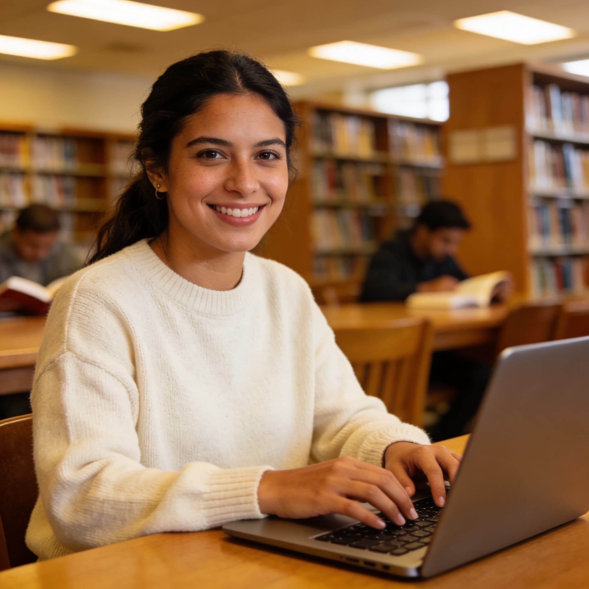 A writer drafting on her laptop at a library table, shelves behind her