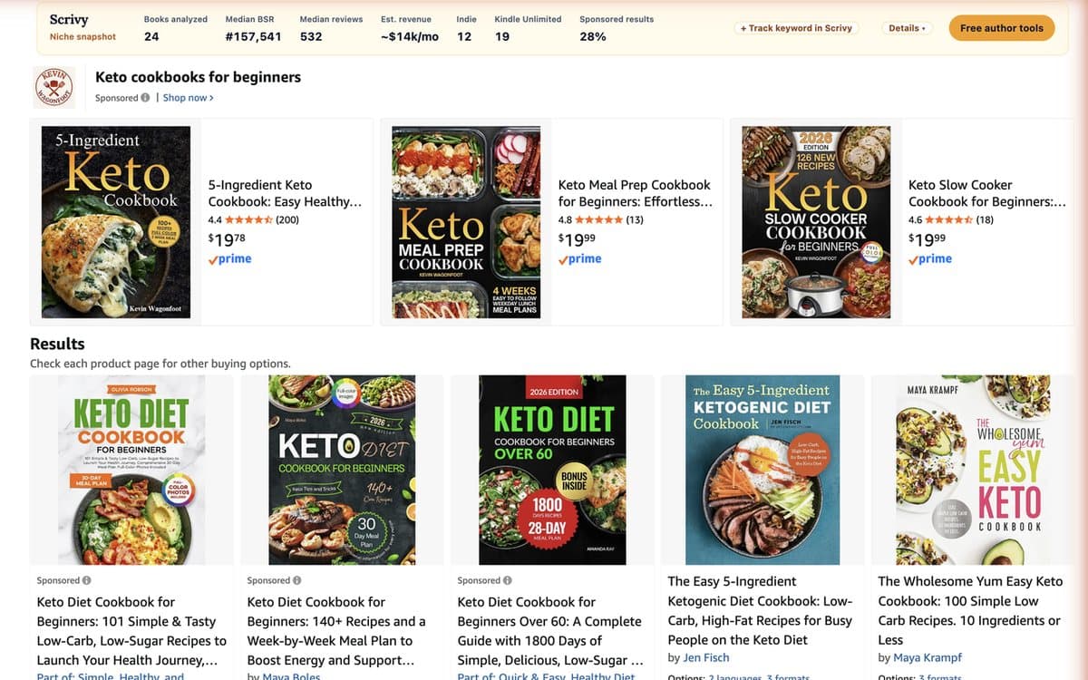 Amazon search results with Scrivy Book Scout badges showing BSR, estimated sales and revenue under each book, and a niche snapshot bar above the results