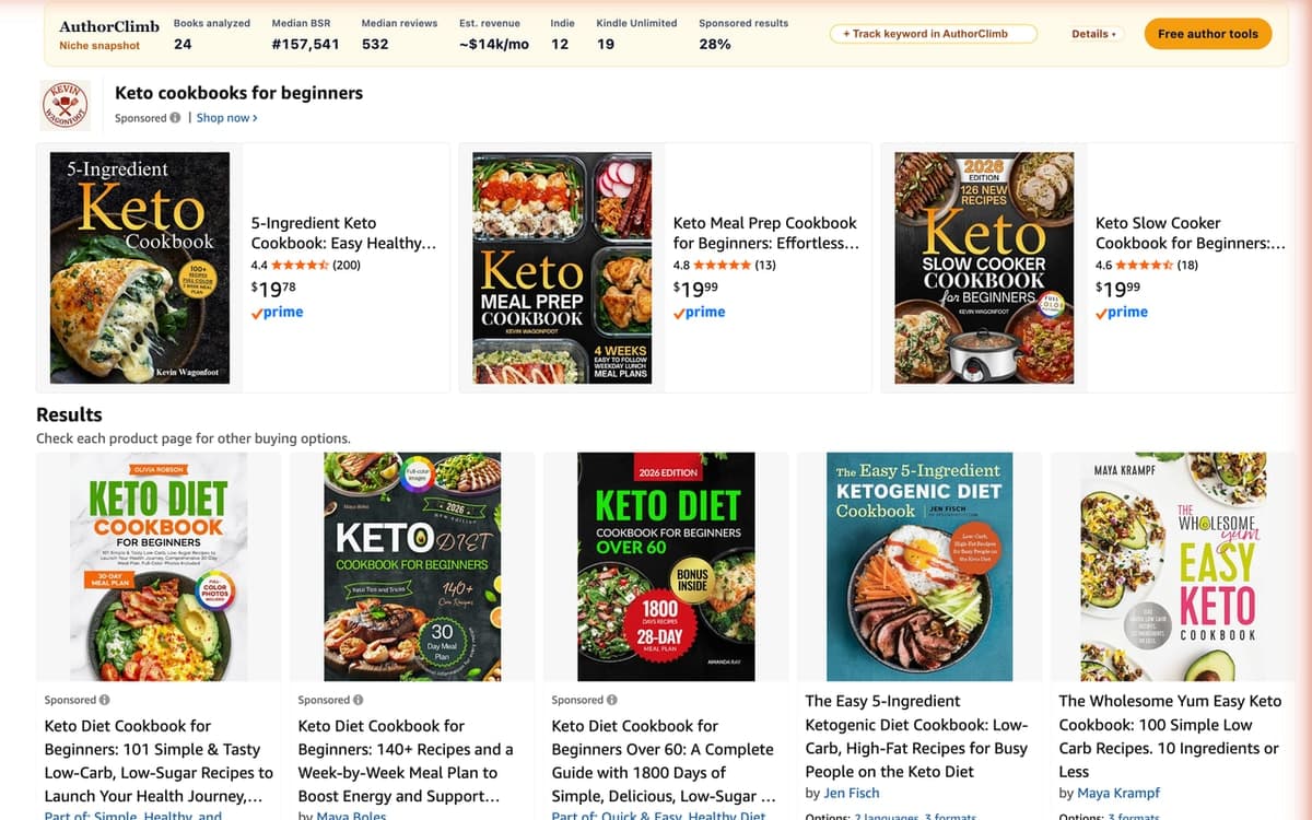 Amazon search results with AuthorClimb Book Scout badges showing BSR, estimated sales and revenue under each book, and a niche snapshot bar above the results