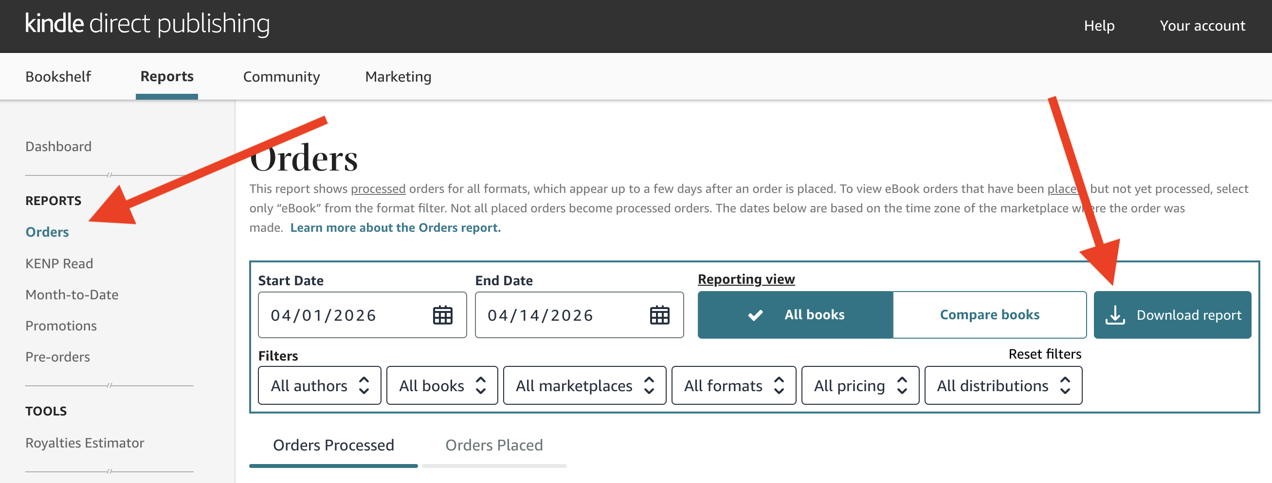 KDP Orders page showing the Download report button