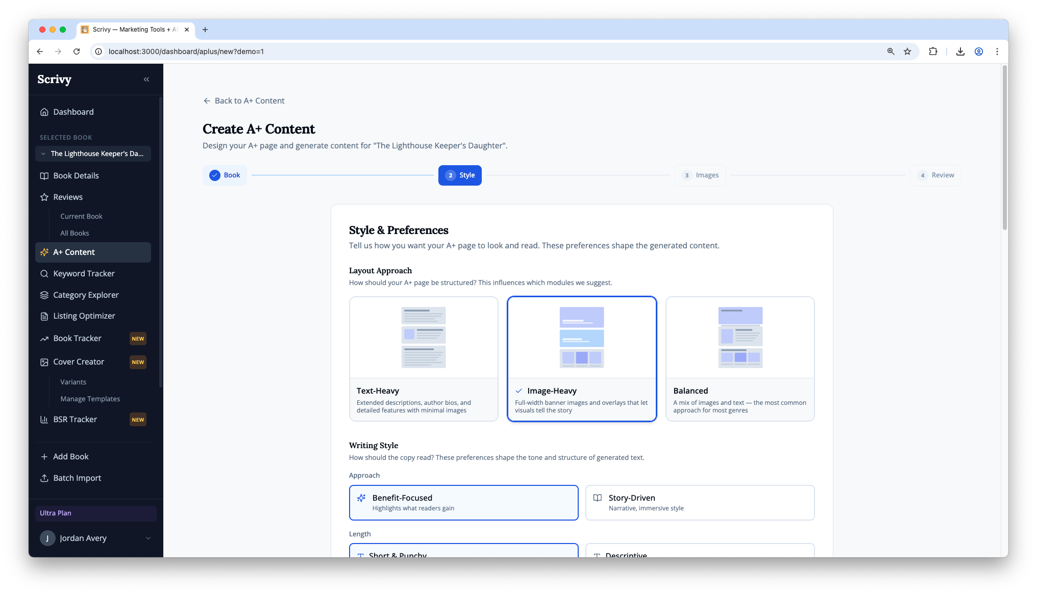 A+ Content Generator wizard showing layout and style options