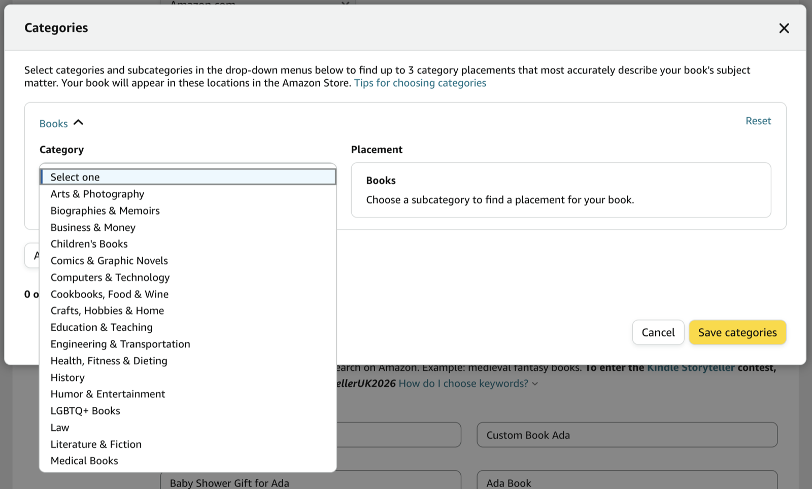 The KDP Categories dialog with the category dropdown open, listing Amazon book categories