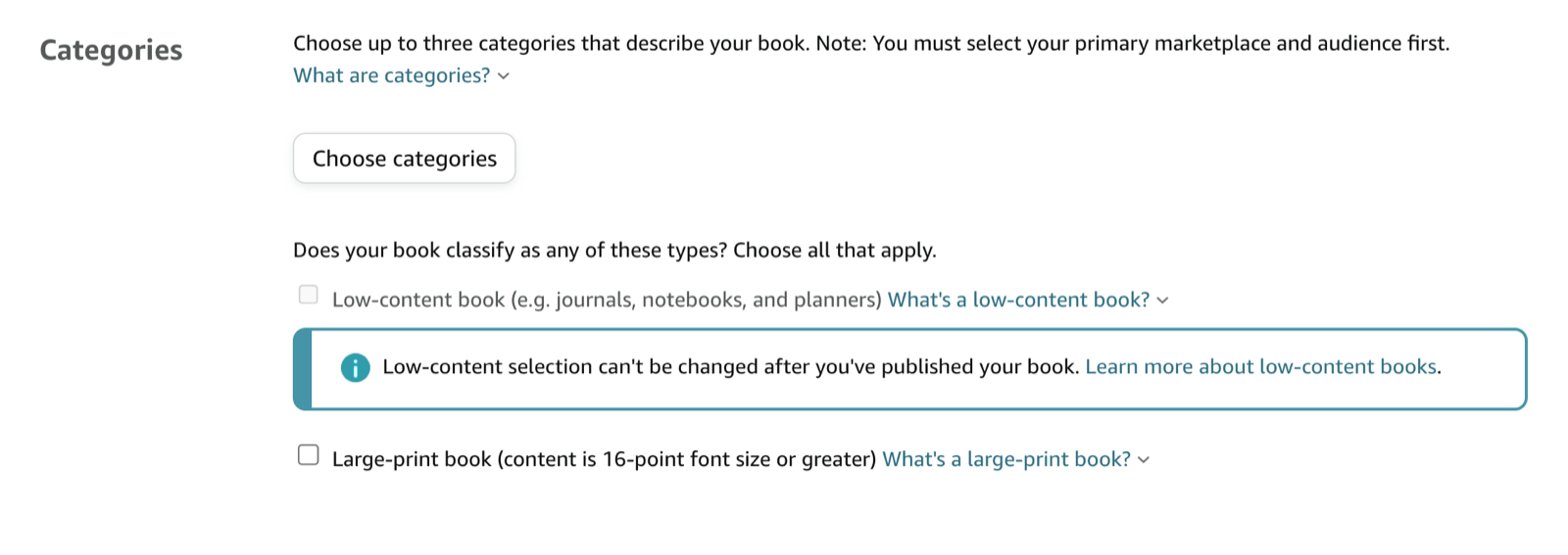 The Categories section in KDP book details with the Choose categories button