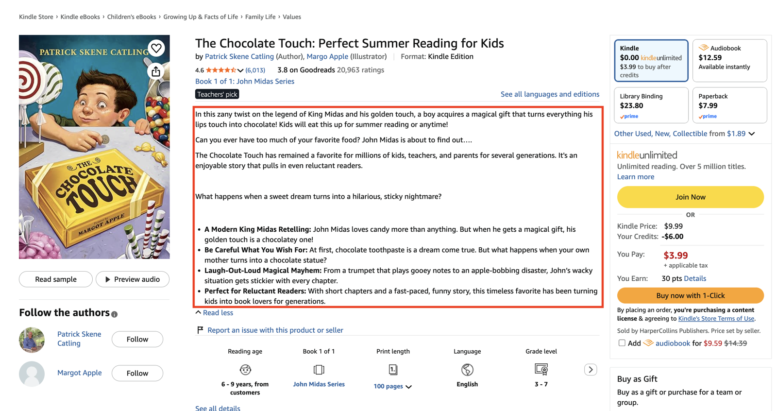 Amazon listing for a children's book with the product description highlighted